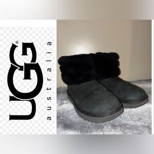 Ugg Women Black Suede Sheepskin Classic Mini Fluff Short Boots Size 7 Euro 38